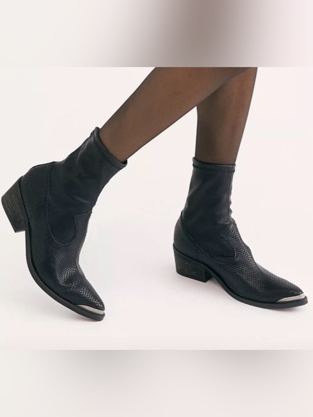 Free People Grand Teton Black Leather Western Metal Toe Ankle Boots Size 37 / 7